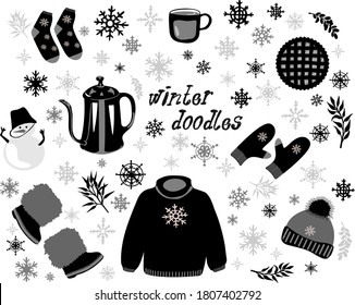 Winter doodles. Hand drawn christmas illustrations. Winter and New Year black outline icons. Design elements for holiday greeting card, gift tag, label, sticker, banner, poster, postcard