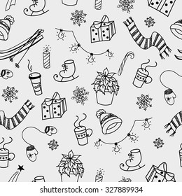 Winter doodles hand drawn seamless pattern about winter sports, christmas days, hot drinks, warm winter clothes