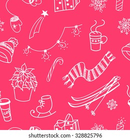 Winter doodles hand drawn seamless pattern about winter sports, christmas days, hot drinks, warm winter clothes