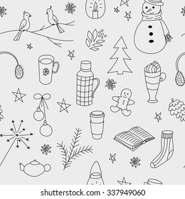 Winter doodles hand drawn seamless pattern winter season, christmas days, hot drinks, snowman, christmas decoration, book, tree, birds, teapot. Textile, wrapping paper, hand drawn style backgrounds
