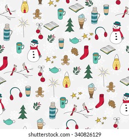 Winter doodles hand drawn seamless pattern winter season, christmas days, hot drinks, snowman, christmas decoration, book, tree, birds, teapot. Textile, wrapping paper, hand drawn style backgrounds