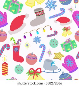 Winter doodles hand drawn seamless pattern season, new years holidays, decoration, Santa hat. Christmas gift. Textile, wrapping paper, vector design style backgrounds