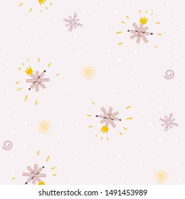 Winter doodles hand drawn snowflakes doodles seamless pattern. Cute, simple vector snow for postcard and poster graphic design for textile, wrapping paper, hand drawn style christmas backgrounds.