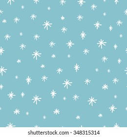 Winter doodles hand drawn snowflakes seamless pattern. Cute, simple vector snowflakes for postcard and poster graphic design for textile, wrapping paper, hand drawn style christmas winter backgrounds.