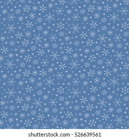 Winter doodles hand drawn snowflakes seamless pattern. Cute, simple vector snowflakes for postcard and poster graphic design for textile, wrapping paper, hand drawn style christmas winter backgrounds.