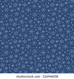 Winter doodles hand drawn snowflakes seamless pattern. Cute, simple vector snowflakes for postcard and poster graphic design for textile, wrapping paper, hand drawn style christmas winter backgrounds.