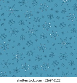 Winter doodles hand drawn snowflakes seamless pattern. Cute, simple vector snowflakes for postcard and poster graphic design for textile, wrapping paper, hand drawn style christmas winter backgrounds.