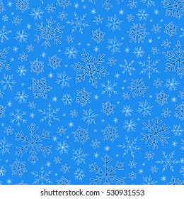 Winter doodles hand drawn snowflakes seamless pattern. Cute, simple vector snowflakes for postcard and poster graphic design for textile, wrapping paper, hand drawn style christmas winter backgrounds.
