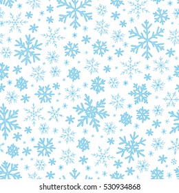 Winter doodles hand drawn snowflakes seamless pattern. Cute, simple vector snowflakes for postcard and poster graphic design for textile, wrapping paper, hand drawn style christmas winter backgrounds.