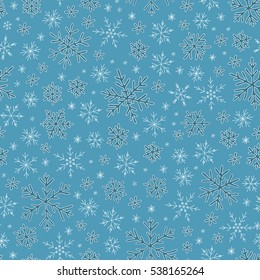 Winter doodles hand drawn snowflakes seamless pattern. Cute, simple vector snowflakes for postcard and poster graphic design for textile, wrapping paper, hand drawn style christmas winter backgrounds.
