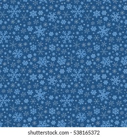 Winter doodles hand drawn snowflakes seamless pattern. Cute, simple vector snowflakes for postcard and poster graphic design for textile, wrapping paper, hand drawn style christmas winter backgrounds.