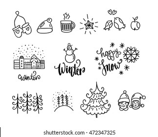 Winter doodles icon. Hand drawn design elements: tea, clothes, christmas tree, snowman, children and others. Winter season themed