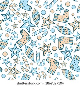 Winter doodles seamless pattern. Pastel colors pattern of holiday attributes - candy, star, socks