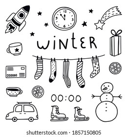 Winter doodles set. Black and white naive illustration. Sketches of christmas elements, rocket, watch, comet, gift box, socks on a rope, tangerine slices, letter, mug, car with trunk, skates, snowman.