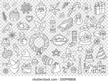 Winter doodles set. Design icon elements: balloon, bells, sweets, christmas socks, gift, mittens, tree, star, candle, bird, snowman, ball, bow, heart and Santa Claus on transparent background.