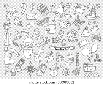 Winter doodles set. Design icon elements: balloon, bells, sweets, christmas socks, gift, mittens, tree, star, candle, bird, snowman, ball, bow, heart and Santa Claus on transparent background.