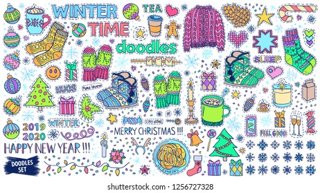 Winter doodles set. New Year. Christmas. Winter holidays patch badges. New Year stickers. Cozy home sketch. Hygge lifestyle. Snowflakes. Christmas tree balls.