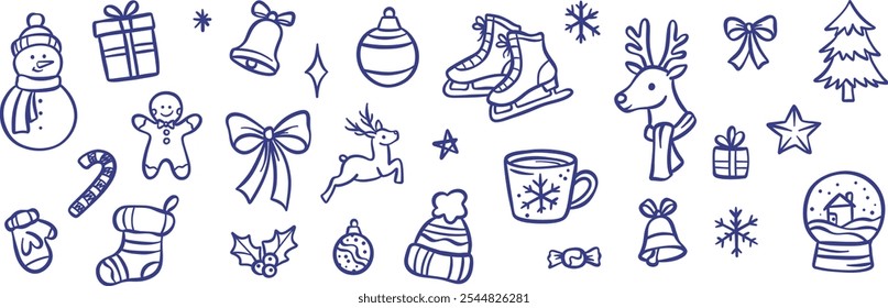 Winter doodles, vector line art winter vacation illustration set, isolated