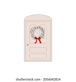 winter doors with a Christmas wreath. Vector illustration