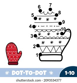 Juego de punto a punto de invierno para los niños. Conectar la página de actividad de números 1-10 para niños pequeños con una migaja. Plantilla educativa. Ilustrador de vectores 