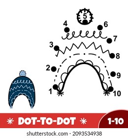 Winter dot to dot game for kids. Connect dots with 1-10 numbers activity page for toddlers with a cute hat. Educational template. Vector illustrator 