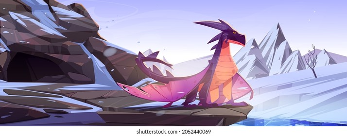 Winter dragon sitting on rock at snowy mountains landscape. Cartoon fantasy character, magic creature observe territory. Fairytale flying animal, book or computer game personage, Vector illustration