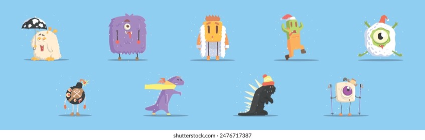 Winter Dressed Monsters in Funny Situation Vector Set