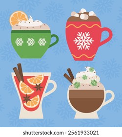 Winter drink art. Christmas retro colorful drink. Hand drawn cup with cappucino, latte, hot chocolate, cacao, tea, mulled wine isolated. Modern trendy print. 