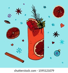 Winter drink for Christmas and New Year. Orange, spices, 
clove spice, cinnamon, snowflakes, heart. Hand drawn doodle. Stock vector illustration.