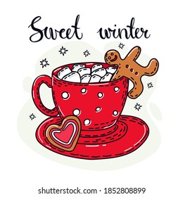 Winter drink with gingerbread man. Hand lettering. Vector illustration.