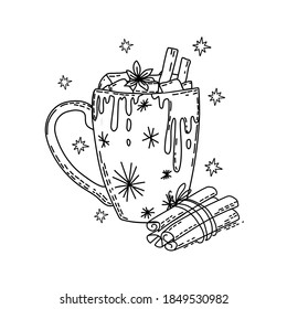 Winter drink with marshmallow and cinnamon. Coloring book. Vector.