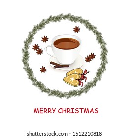 Winter drink Merry Christmas banner. Tea cinnamomum in fir tree branch round frame on white art design elements stock vector illustration for web, for print, for postcard, for restaurant menu, for caf