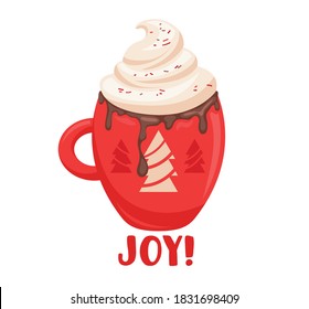 Winter Drink in Red Cup with Fir Trees Design. Hot Beverage with Whipped Cream, Cartoon Mug with Cocoa, Dripping Chocolate and Sprinkles Decor. Wintertime Season Holidays Treat. Vector Illustration