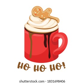 Bebida de invierno en la Copa Roja, Bebida caliente con crema batida, compras de chocolate y decoración del hombre de pan de jengibre. Trato de vacaciones en temporada de invierno, Cartoon Mug con cacao. Ilustración vectorial