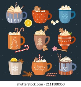 Winter drinks. Beverages christmas celebration liquid food coffee tea cappuccino with marshmallows decorative mugs recent vector flat illustrations