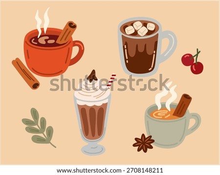 Winter drinks in cozy hand-drawn style for seasonal design. Perfect for menu graphics, packaging, stickers, holiday projects, and warm-themed illustrations.