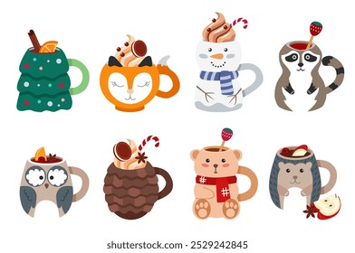 Winter drinks in cozy mug for children. Set of cute mugs in the shape of animals. Vector set of ceramics elements. Snowman, Christmas tree, pine cone, teddy bear. 