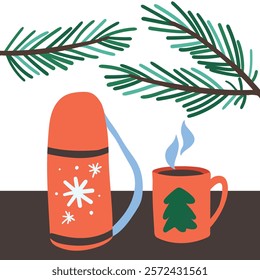 Winter drinks, with a cup of hot chocolate, coffee, thermos. A cute mug of cocoa, tea, latte and fir branches. Items for making winter warm drinks. Hand-drawn vector illustration