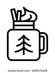 Winter drinks flat line icon. Tea, cocoa with marshmallows, winter warming drinks and hot cappuccino and latte cups. Outline sign for mobile concept and web design, store.