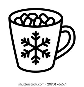 Winter drinks flat line icon. Tea, cocoa with marshmallows, winter warming drinks and hot cappuccino and latte cups. Outline sign for mobile concept and web design, store.