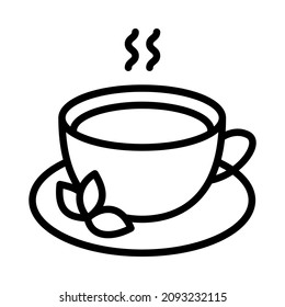 Winter drinks flat line icon. Tea, cocoa with marshmallows, winter warming drinks and hot cappuccino and latte cups. Outline sign for mobile concept and web design, store.