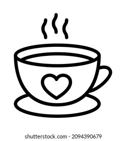 Winter drinks flat line icon. Tea, cocoa with marshmallows, winter warming drinks and hot cappuccino and latte cups. Outline sign for mobile concept and web design, store.