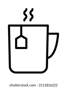 Winter drinks flat line icon. Tea, cocoa with marshmallows, winter warming drinks and hot cappuccino and latte cups. Outline sign for mobile concept and web design, store.