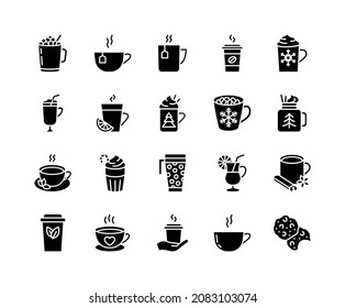 Winter drinks flat line icons set. Tea, cocoa with marshmallows, winter warming drinks and hot cappuccino and latte cups. Simple flat vector illustration for web site or mobile app.