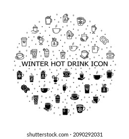 Winter drinks flat line icons set. Tea, cocoa with marshmallows, winter warming drinks and hot cappuccino and latte cups. Simple flat vector illustration for web site or mobile app.
