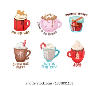 Winter Drinks Icons Set. Cups with Hot Beverage and Decoration for Wintertime Season Holidays. Cartoon Mugs of Cocoa with Marshmallow, Coffee with Cream, Tea with Lemon, Cinnamon. Vector Illustration