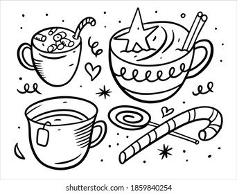 Winter drinks and lollypop. Black and white vector illustration. Isolated on white background.