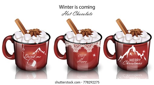Winter drinks with marshmallow. Red mugs Vector realistic illustrations