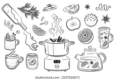 Winter drinks. Mulled wine ingredients. Punch in cup, mug, pot. Red wine, citrus, spices. Vector sketch style illustration set.