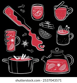 Winter drinks. Mulled wine ingredients. Punch in cup, mug, pot. Red wine, citrus, spices. Vector set on chalk board.